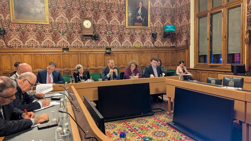 A group of people sit around a u-shaped table. Some are writing notes. One white male with reddish hair is speaking. The walls are richly laid with wallpaper and wood panelling.