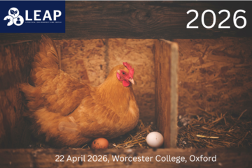 A flyer for a conference. The picture is of a brown chicken sitting on two eggs, one brown, another white, and on straw. The top left has a logo reading LEAP in dark blue. The top right says 2026. Below centre is written 22 April 2026, Worcester College, 