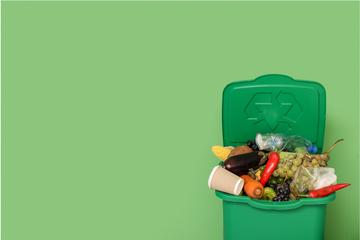 A green background with a green bin filled with fruits, vegetables, and a coffee cup, on the right