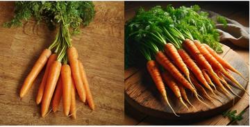 Carrots Two images of carrots sit side by side. The image of the left, which shows a bunch of carrots with tops still attached, is taken by a person. The image on the right, which is those same carrots but enhanced, is created by AI