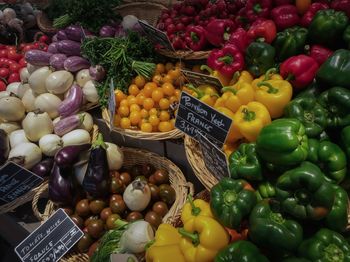 Vegetables are displayed in wicker baskets, with prices written on small black chalk board. The prices are in Euro. Green, red and yellow peppers, red and yellow tomatoes, white and purple aubergines can be seen.