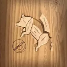 A wooden pig with four removable elements labeled animal welfare, greenhouse gas emissions, antibiotic use, and land use
