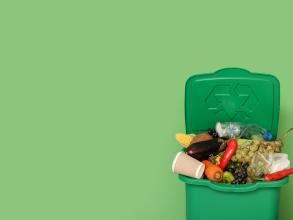 A green bin is filled with vegetable peelings and waste.